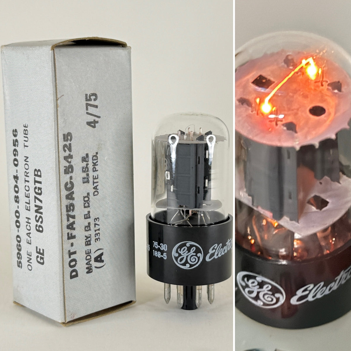(1) Tested GE 6SN7GTB Tube Glow Top Filament Copper Rods & Box Code 75-15 6SN7GT