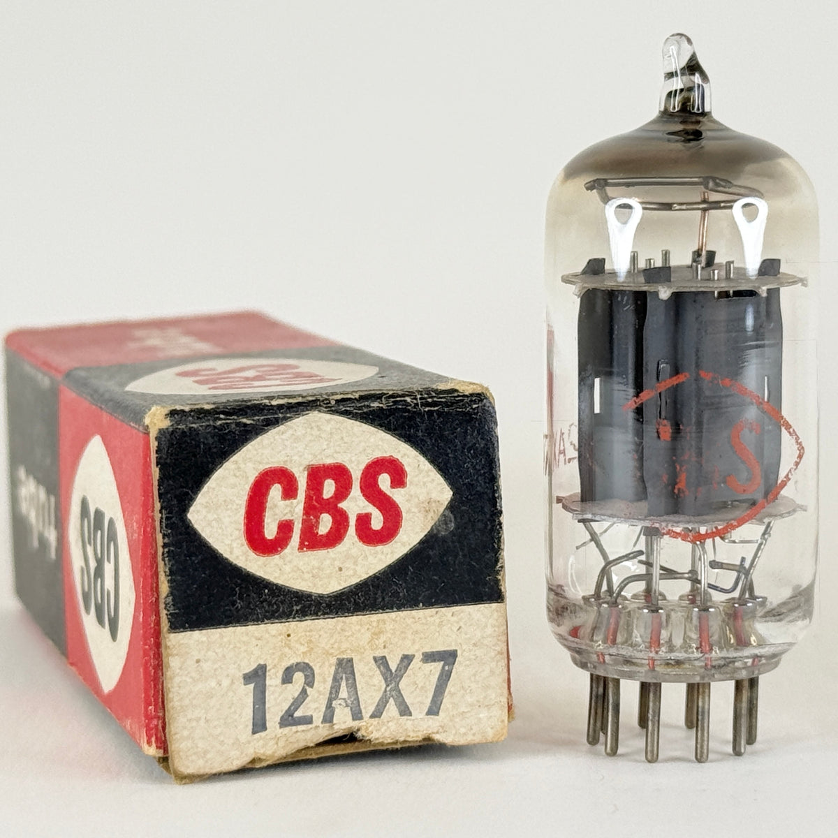 (1) Tested Balanced CBS 12AX7 Tube with Box Grey Plates Horseshoe Halo Getter