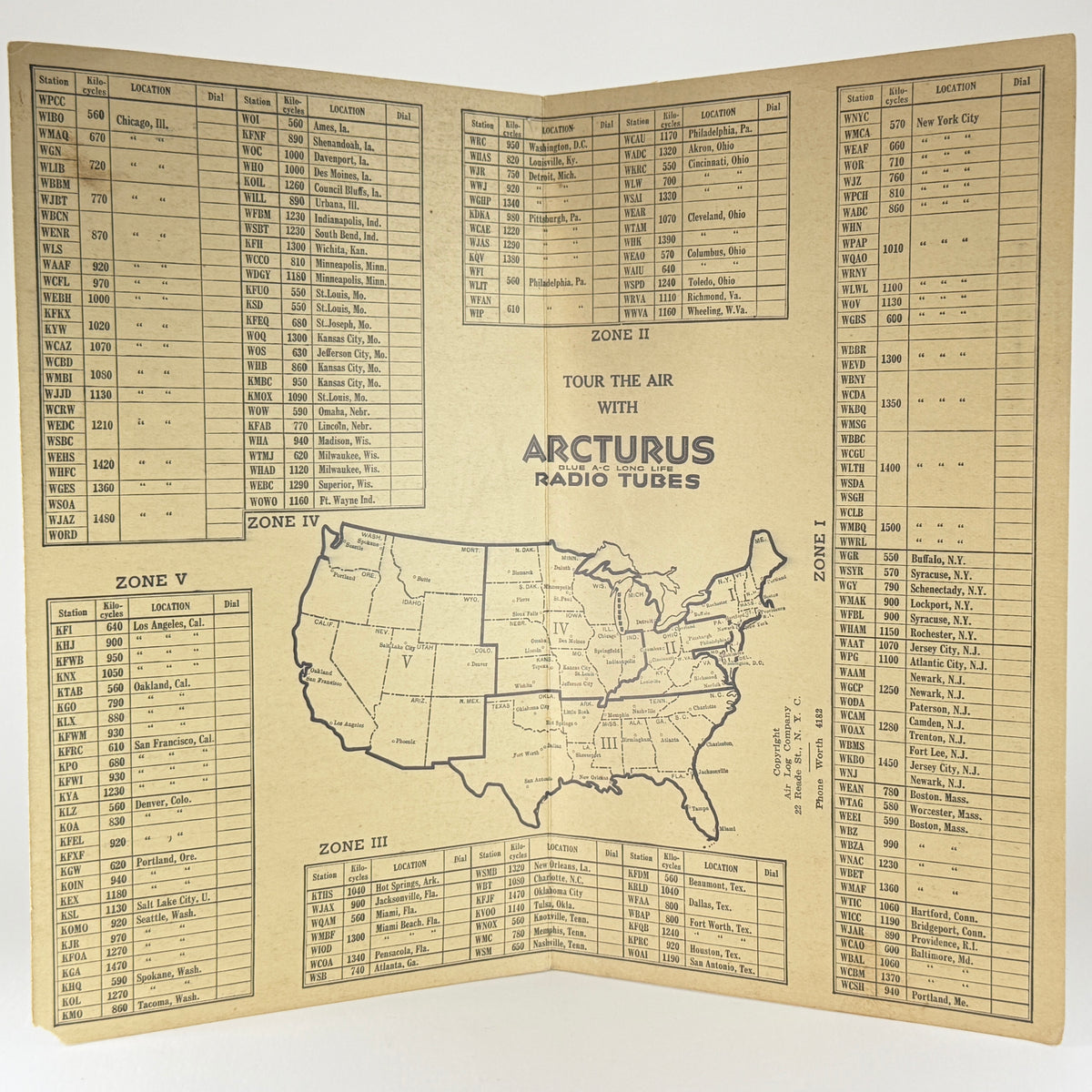 Original 1930 Arcturus Radio Tubes Radio Air Log Cardboard Pamphlet AM Stations