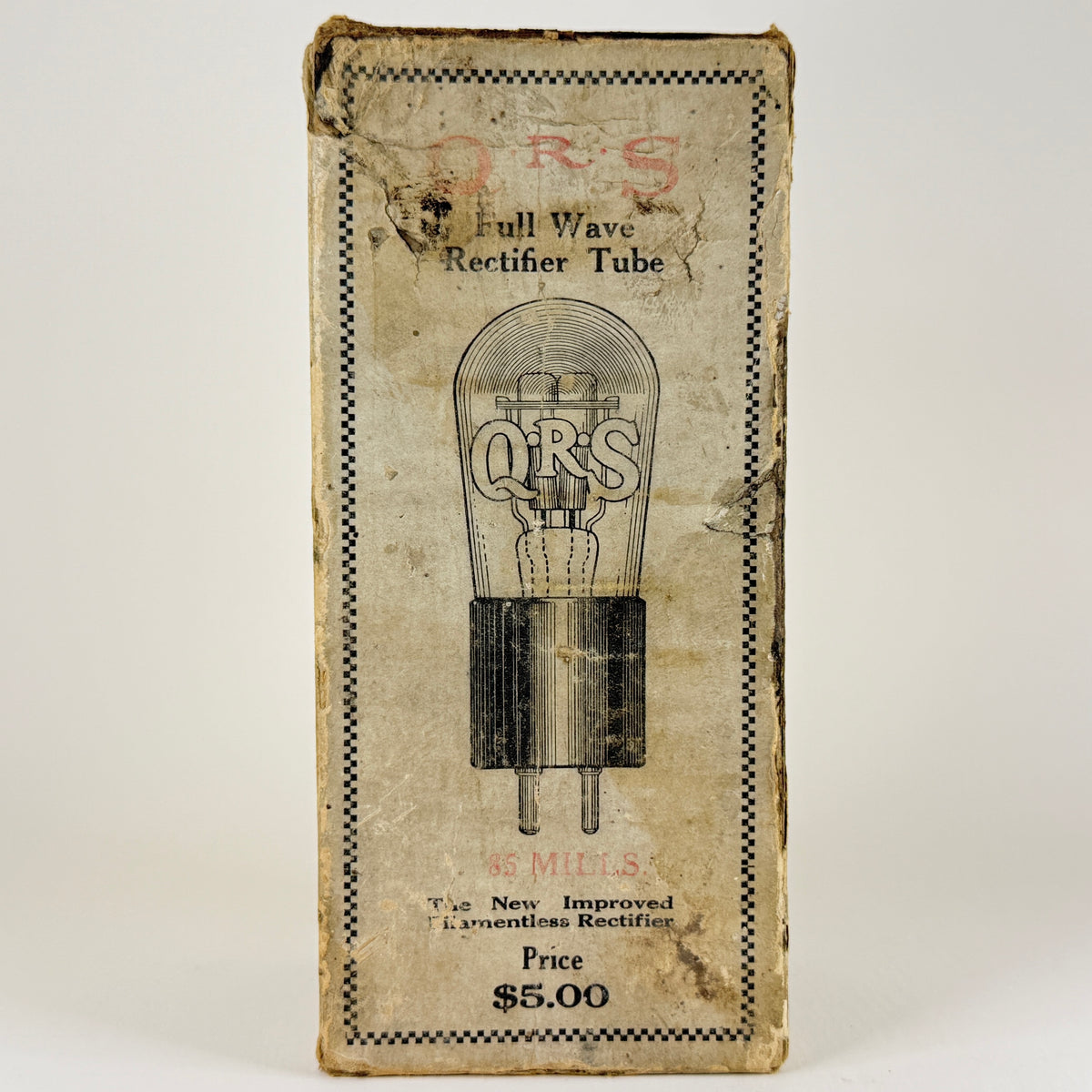 Rare 1920s QRS 85 Mills Rectifier Tube with Original Box Q.R.S. Redtop Tube