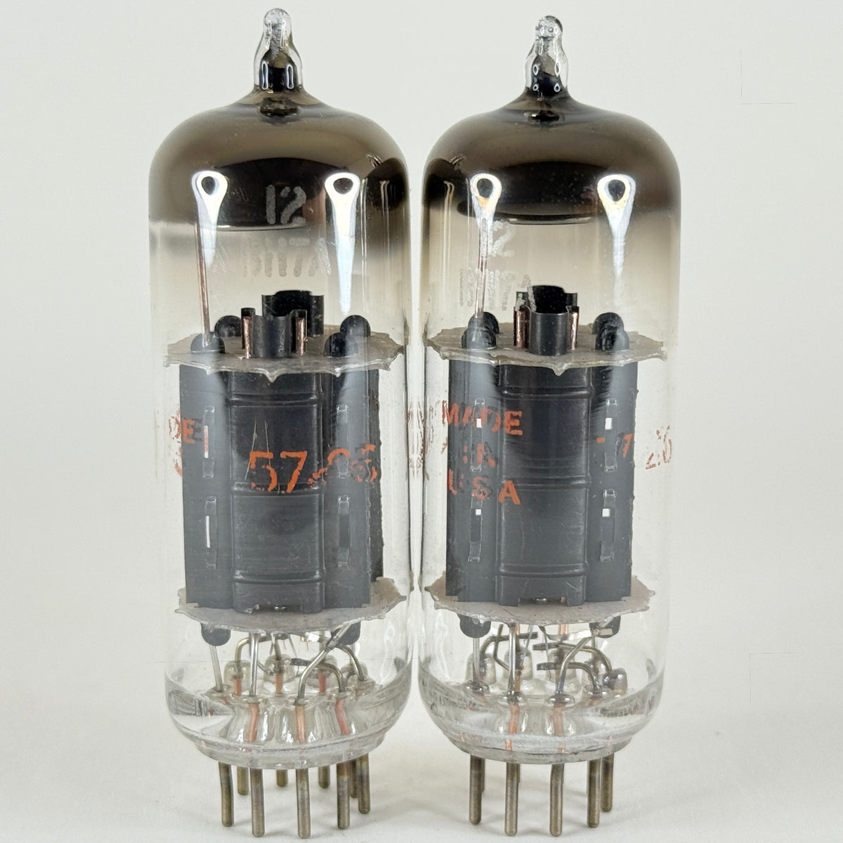 Tested Matched Pair CBS 12BH7A Tubes Codes 57-26 Black Plates Horseshoe Getters