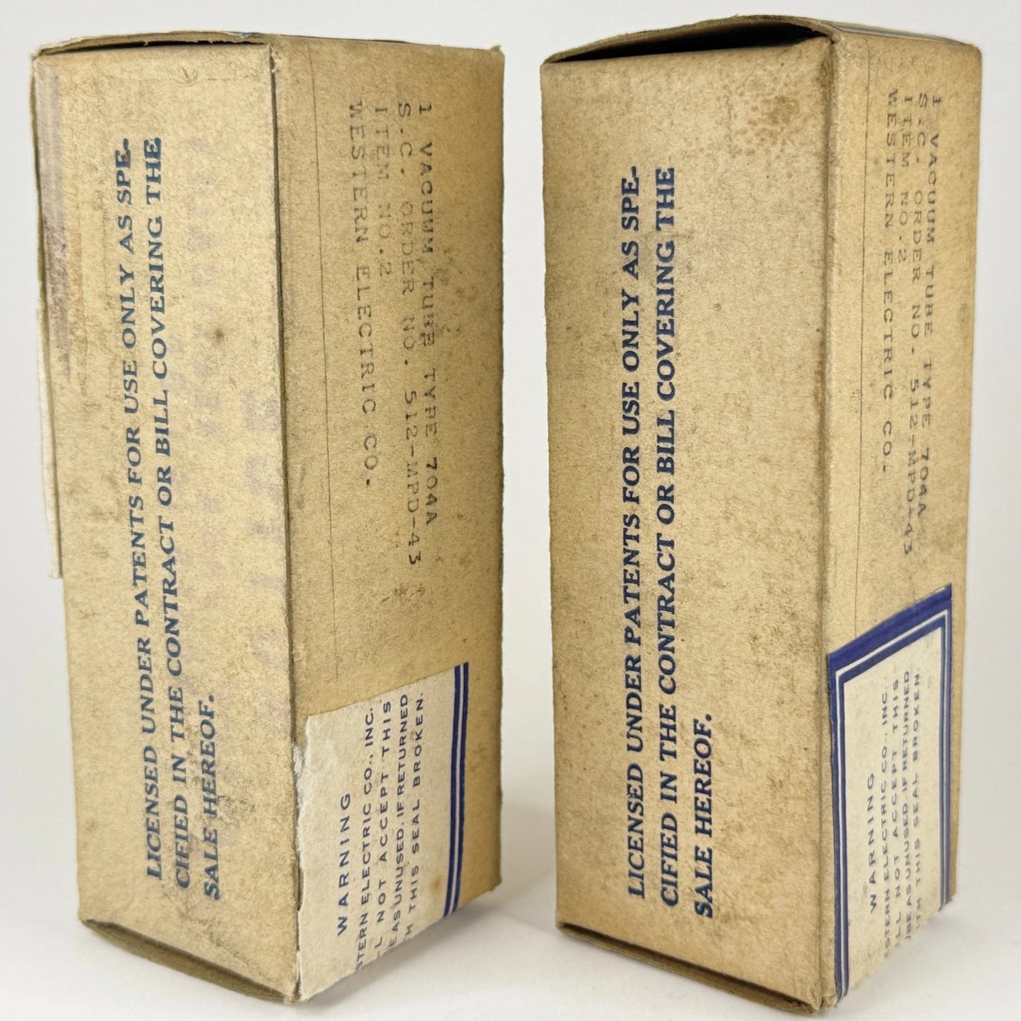 Lot of (2) 1943 Western Electric 704A Tubes and Boxes Peanut Tube Detector Diode