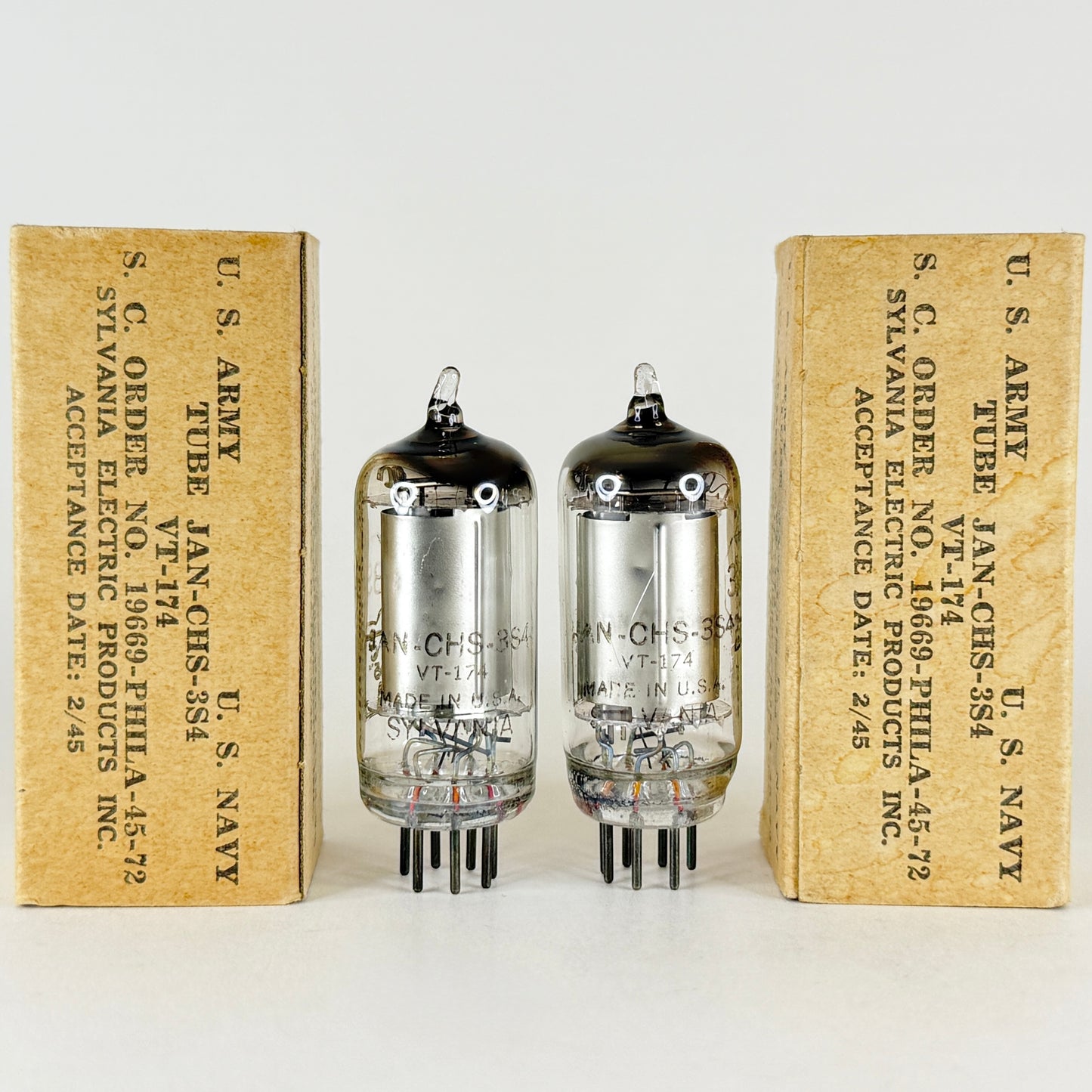 Tested Matched Pair 1945 Sylvania JAN CHS 3S4 Tubes with Boxes Date Codes E4 (a)