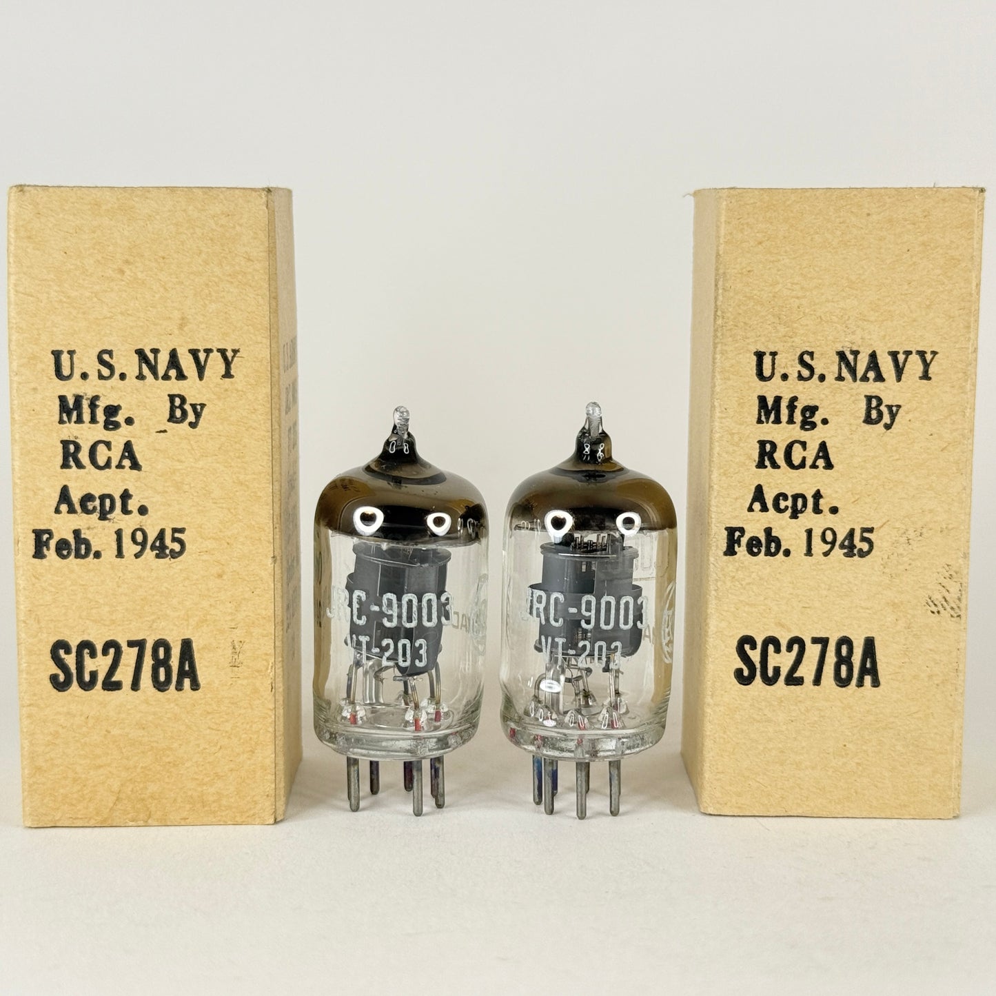 Tested Matched Pair 1945 RCA JRC 9003 Tubes VT-203 with Boxes Codes VIE (a)
