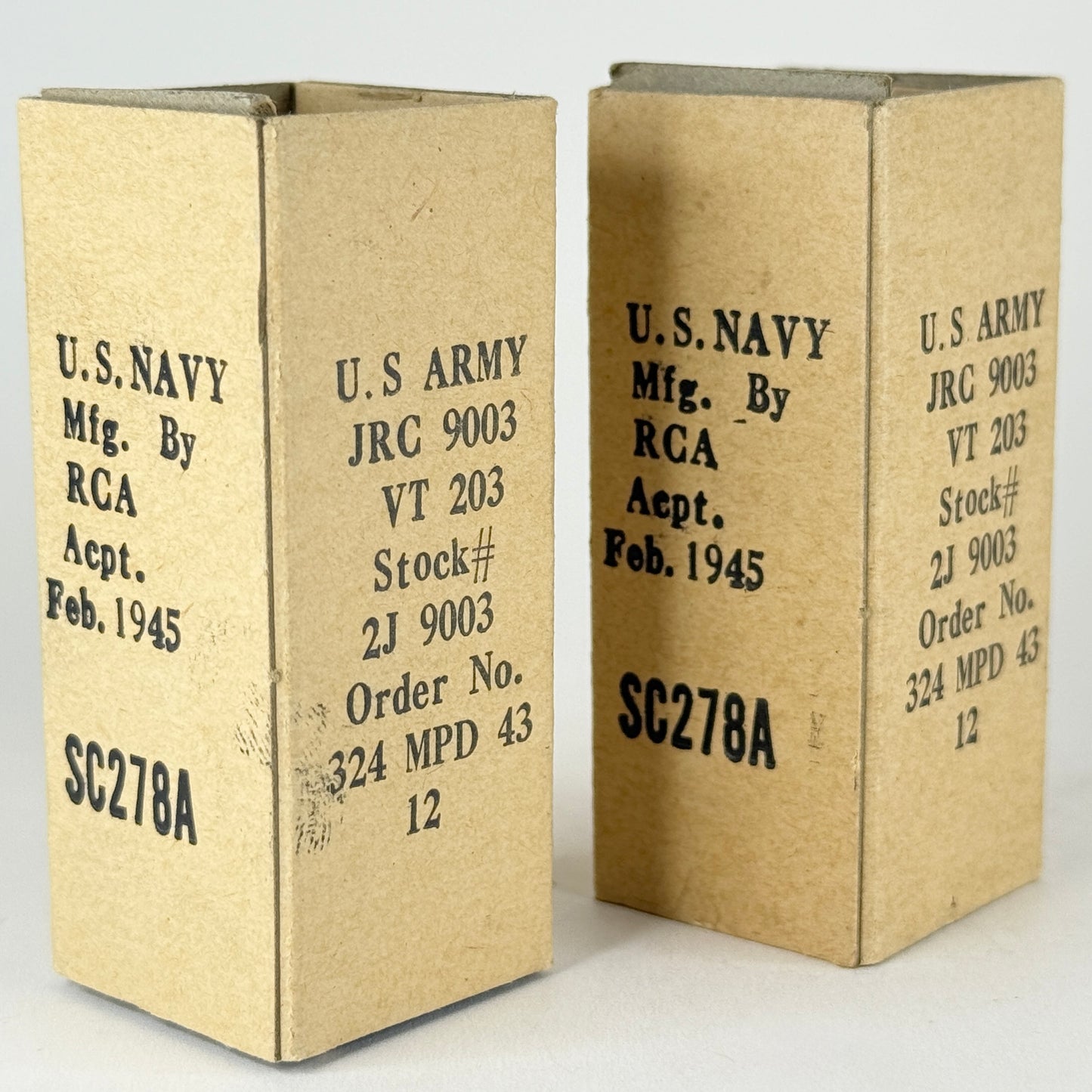 Tested Matched Pair 1945 RCA JRC 9003 Tubes VT-203 with Boxes Codes VIE (a)