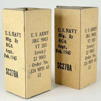 Tested Matched Pair 1945 RCA JRC 9003 Tubes VT-203 with Boxes Codes VIE (a)
