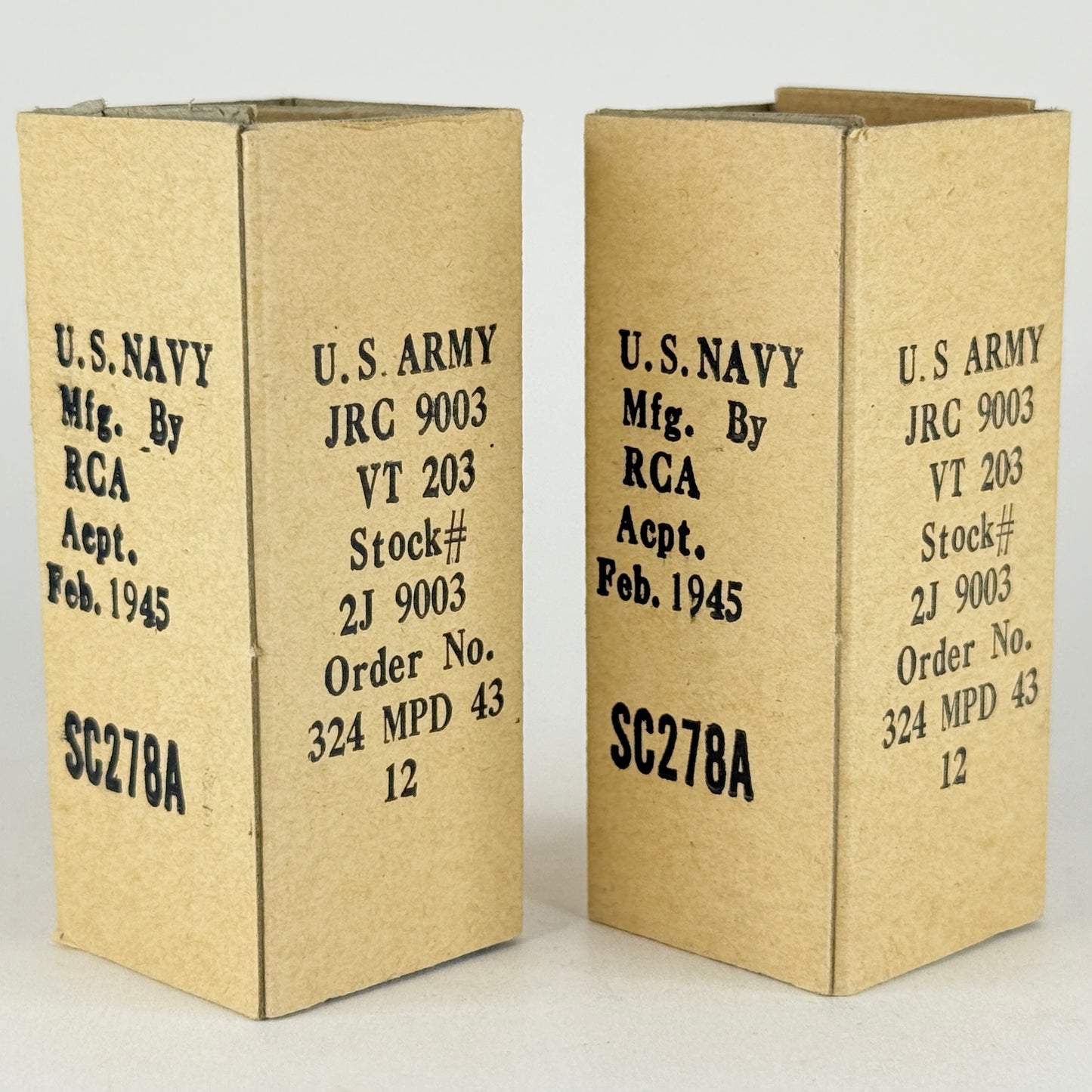 Tested Matched Pair 1945 RCA JRC 9003 Tubes with Boxes VT-203 Codes VIE (b)