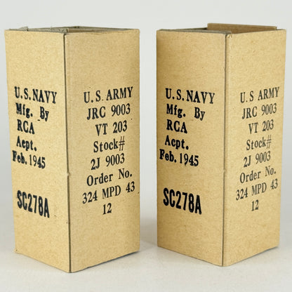 Tested Matched Pair 1945 RCA JRC 9003 Tubes with Boxes VT-203 Codes VIE (b)