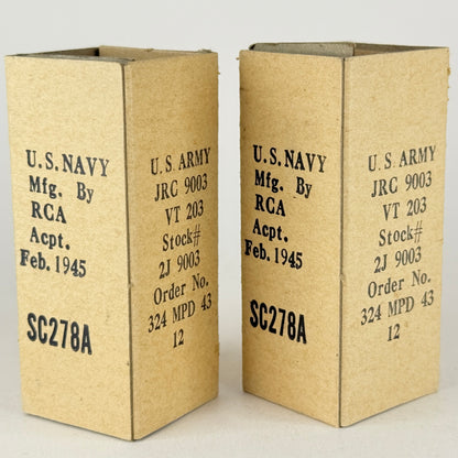 Tested Matched Pair 1945 RCA JRC 9003 Tubes VT-203 with Boxes Codes VIE (d)