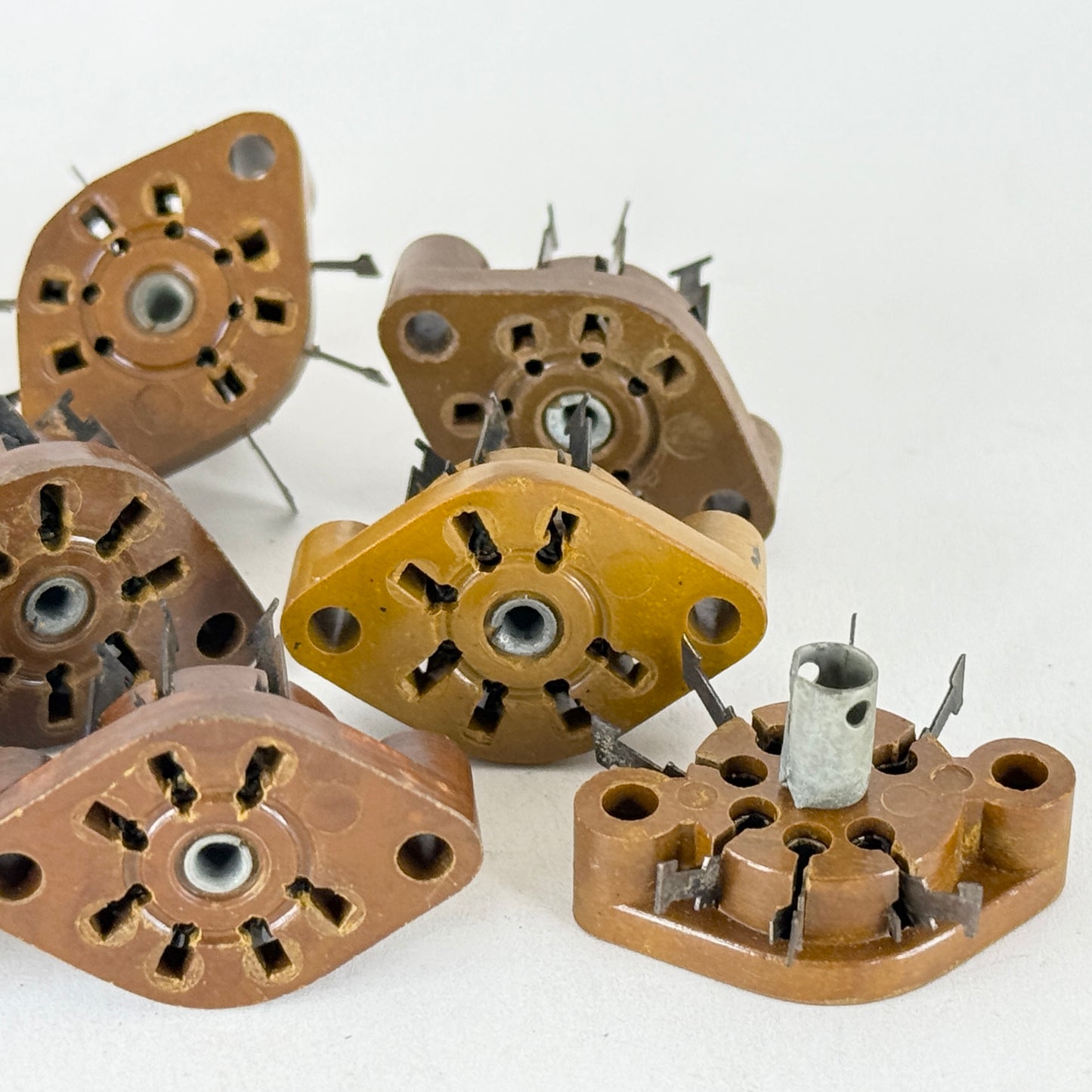 Lot of (9) Vintage NOS Brown Mil Spec Miniature 7 Pin Tube Sockets