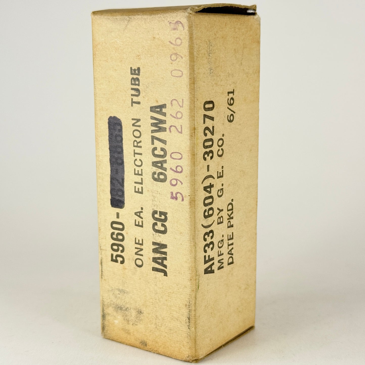 (1) Tested 1961 GE JAN CG 6AC7WA Tube with Box Code 61-30 Mil Spec 6AC7 Tube