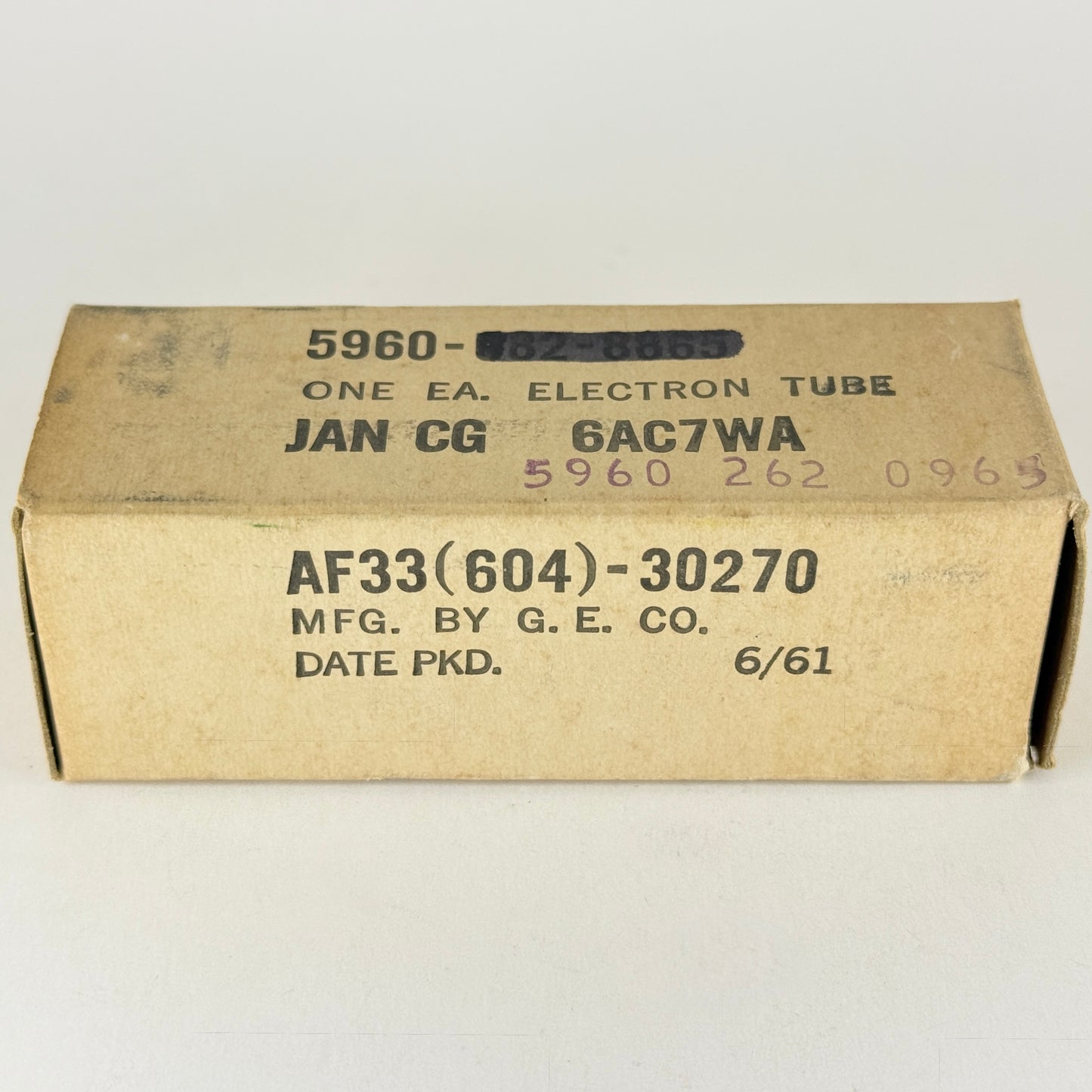 (1) Tested 1961 GE JAN CG 6AC7WA Tube with Box Code 61-30 Mil Spec 6AC7 Tube