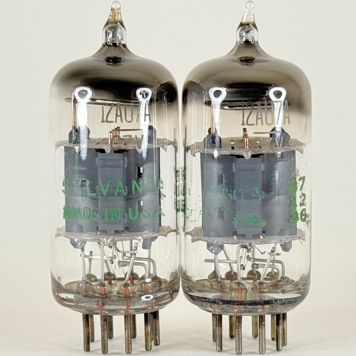 Matched Pair Sylvania 12AU7A Tubes 726 Copper Posts Grey Plates Halo 12AU7 (a)
