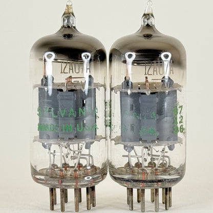 Matched Pair Sylvania 12AU7A Tubes 726 Copper Posts Grey Plates Halo 12AU7 (a)