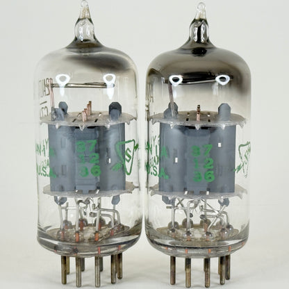 Matched Pair Sylvania 12AU7A Tubes 726 Copper Posts Gray Plates Halo 12AU7 (b)