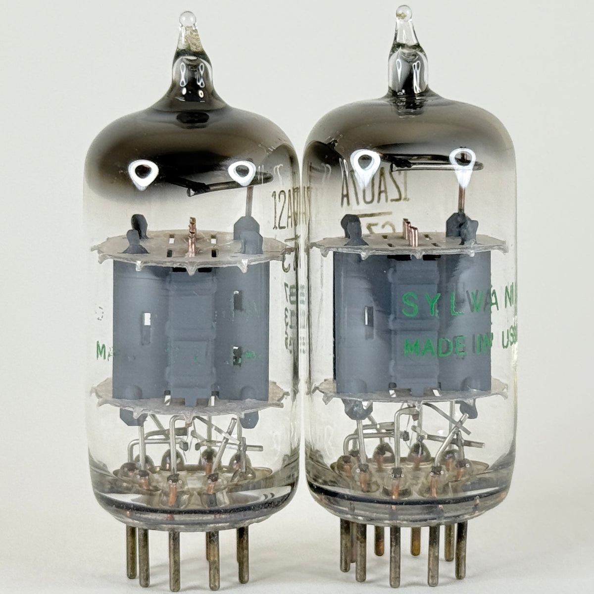 Matched Pair Sylvania 12AU7A Tubes Codes 735 Gray Plates Copper Posts 12AU7 (f)