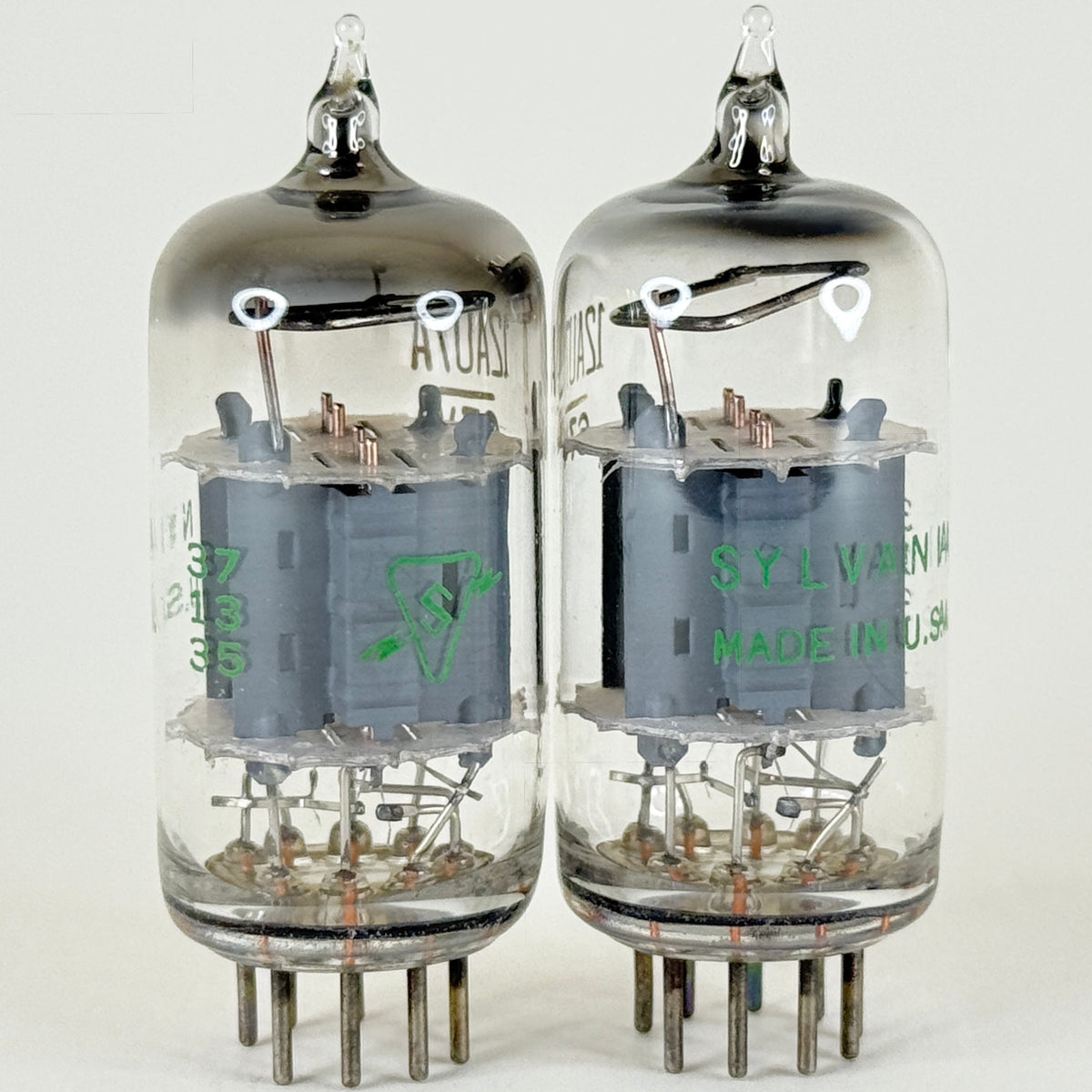 Matched Pair Sylvania 12AU7A Tubes Codes 735 Copper Posts Gray Plates 12AU7 (k)