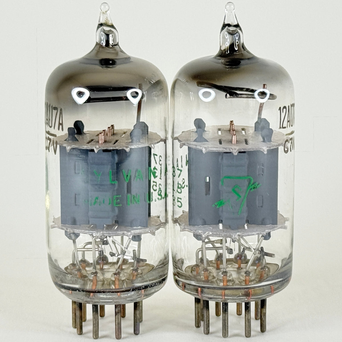 Matched Pair Sylvania 12AU7A Tubes Codes 735 Copper Posts Gray Plates 12AU7 (k)
