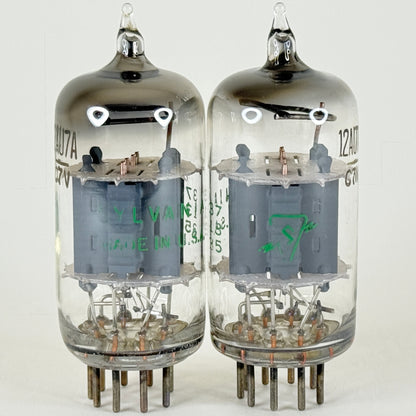 Matched Pair Sylvania 12AU7A Tubes Codes 735 Copper Posts Gray Plates 12AU7 (k)