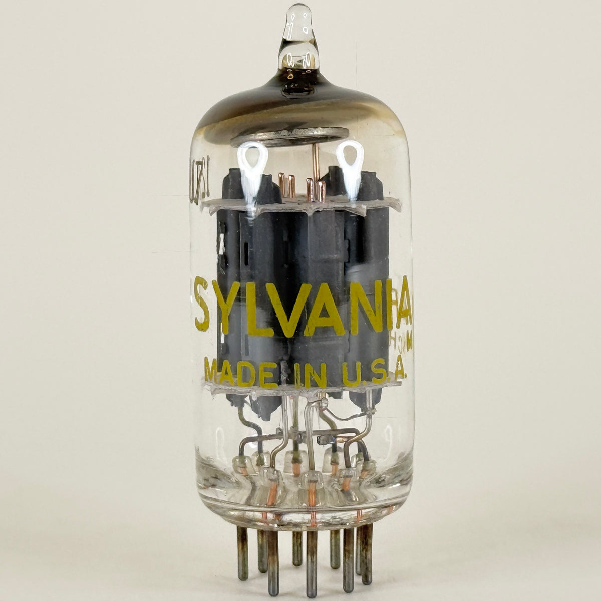 (1) Tested Sylvania 12AU7 Tube Copper Posts Gray Plates Halo Getter Code GF ACH