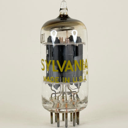(1) Tested Sylvania 12AU7 Tube Copper Posts Gray Plates Halo Getter Code GF ACH