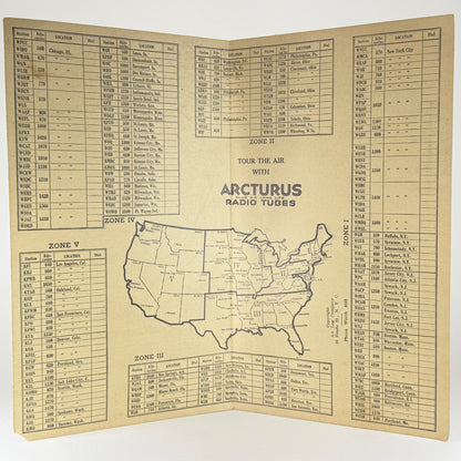 Original 1930 Arcturus Radio Tubes Radio Air Log Cardboard Pamphlet AM Stations