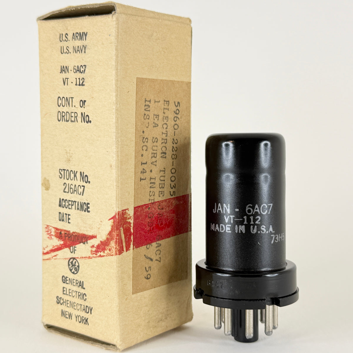 (1) Tested 1959 GE JAN 6AC7 Tube VT-112 with Box Code 73H5 Mil Spec Vacuum Tube