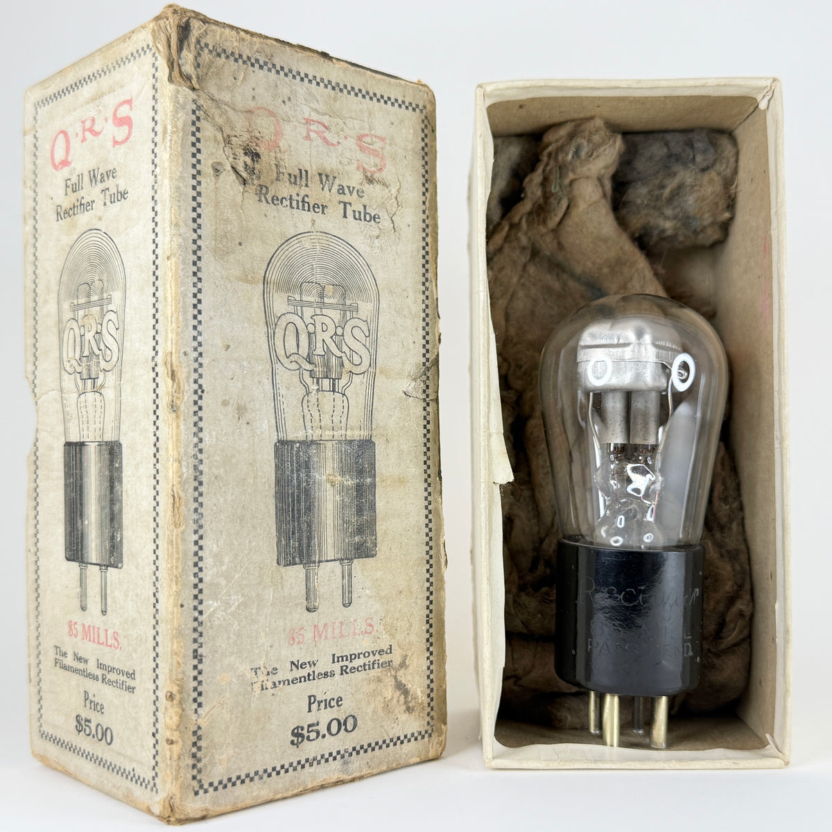Rare 1920s QRS 85 Mills Rectifier Tube with Original Box Q.R.S. Redtop Tube