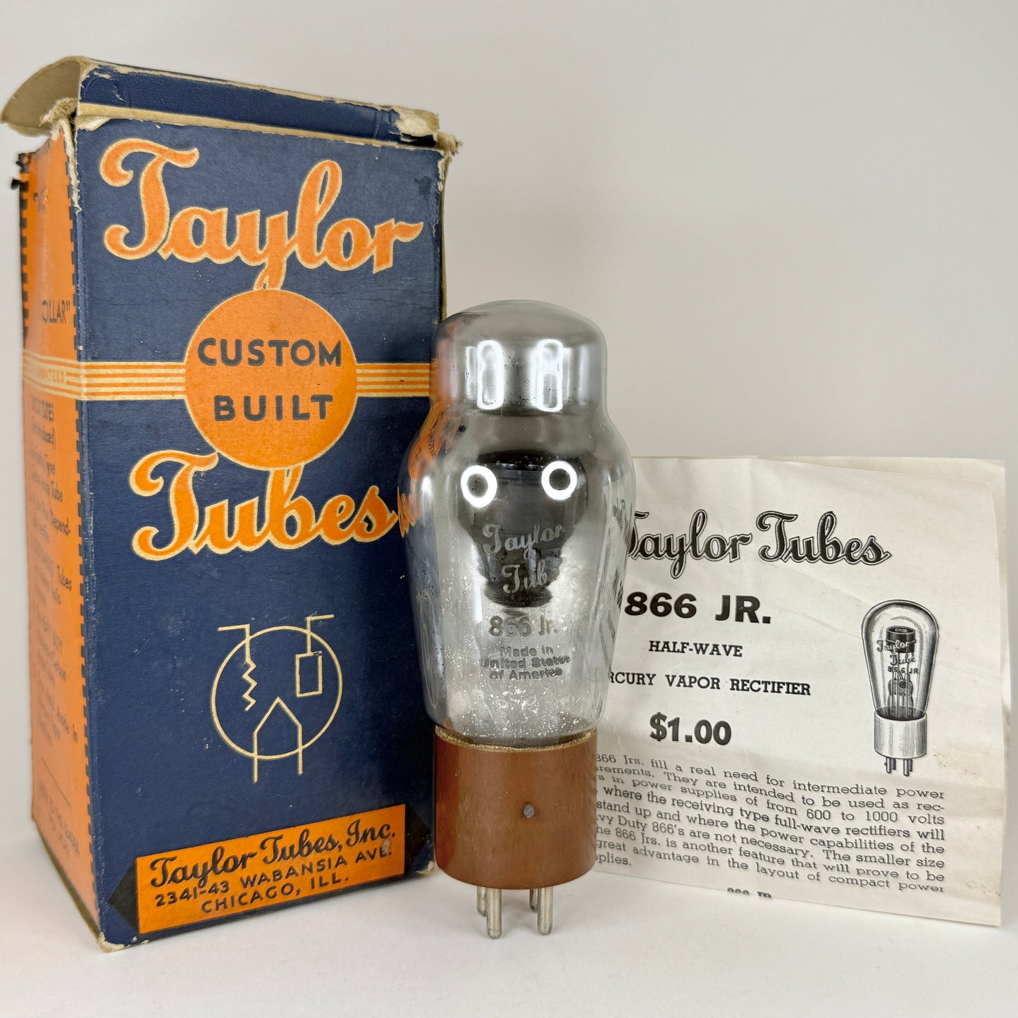 (1) Tested Taylor 866 JR Tube Half Wave Vapor Rectifier Tube with Original Box and Paperwork