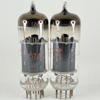 Tested Matched Pair CBS 12BH7A Tubes Codes 57-26 Black Plates Horseshoe Getters