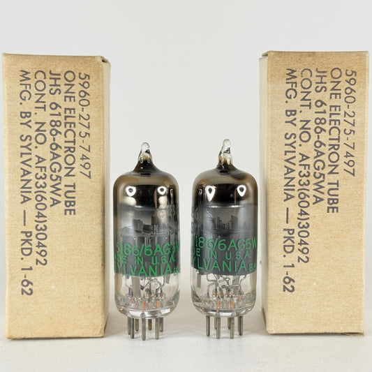 1962 Matched Pair Sylvania JHS 6186 6AG5WA Tubes with Boxes Codes 6202 (a)