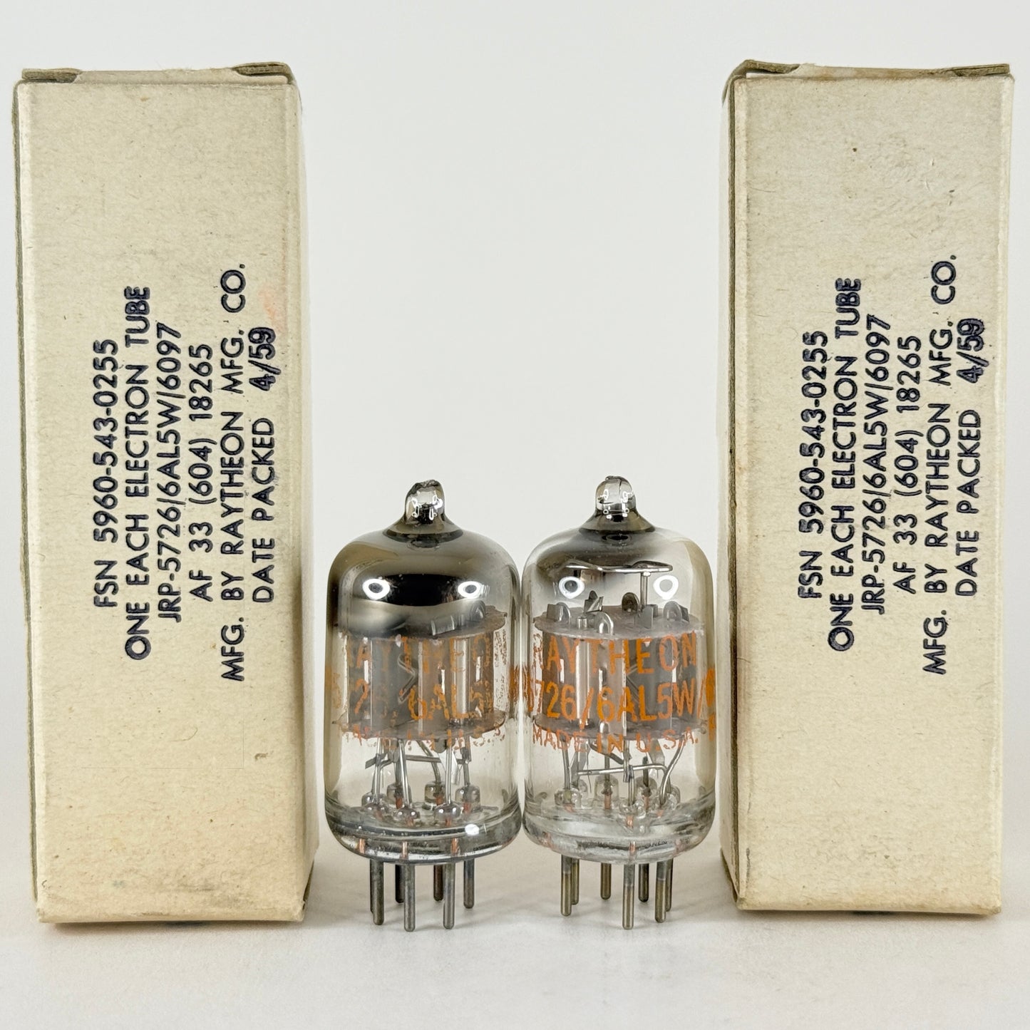 Tested Matched Pair 1959 Raytheon JRP 5726 6AL5W 6097 Tubes Date Codes 59-24