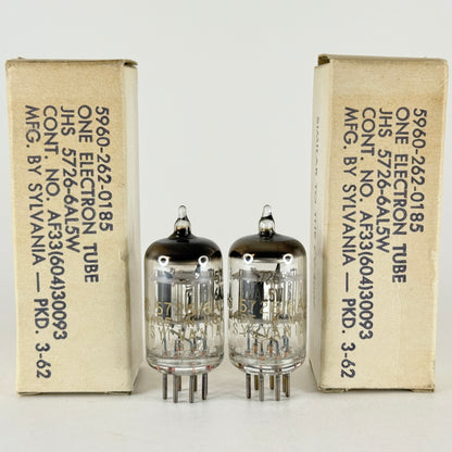Tested Matched Pair 1962 Gold Letters Sylvania JHS 5726 6AL5W Tubes Codes 62-09