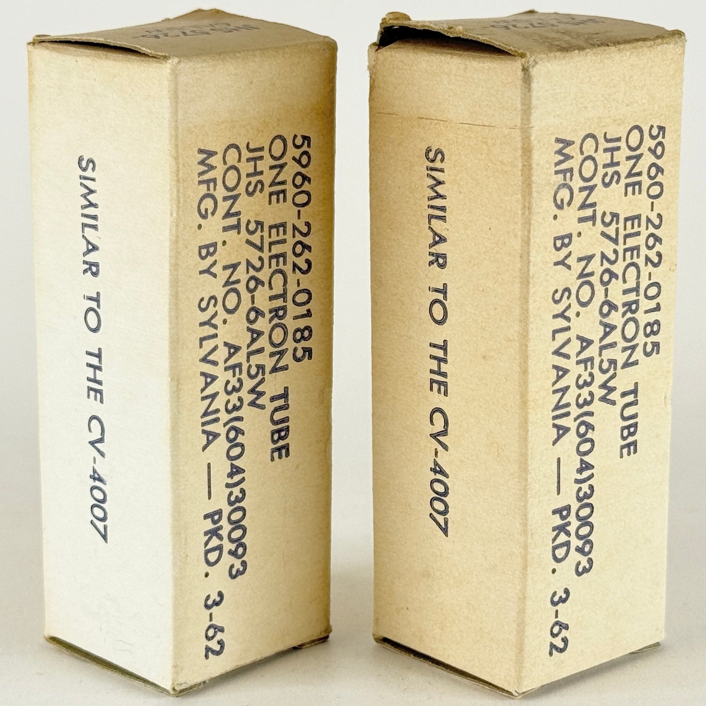 Tested Matched Pair 1962 Gold Letters Sylvania JHS 5726 6AL5W Tubes Codes 62-09