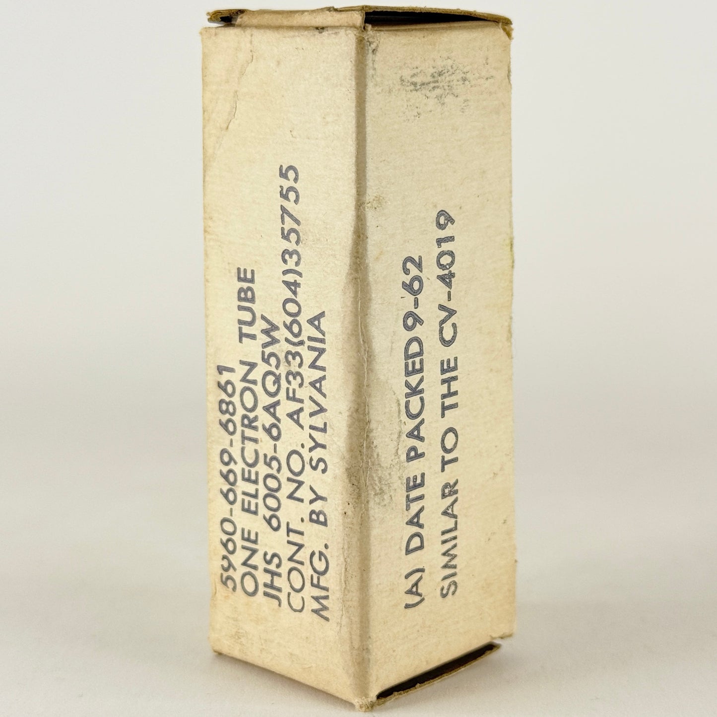 (1) Tested 1962 Sylvania JHS 6005 6AQ5W Tube Box Gold Letters Code 62-30 6AQ5 W