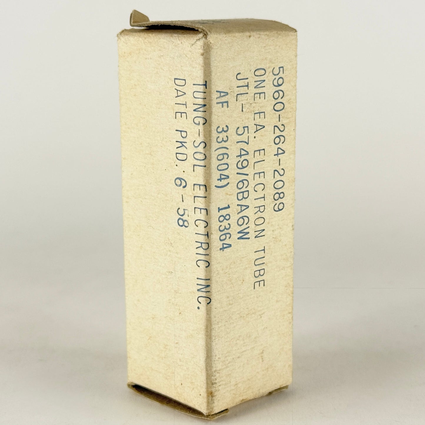 (1) Tested 1958 Tung Sol JTL 5749 6BA6W Tube and Box Code 58-27 Mil Spec Pentode