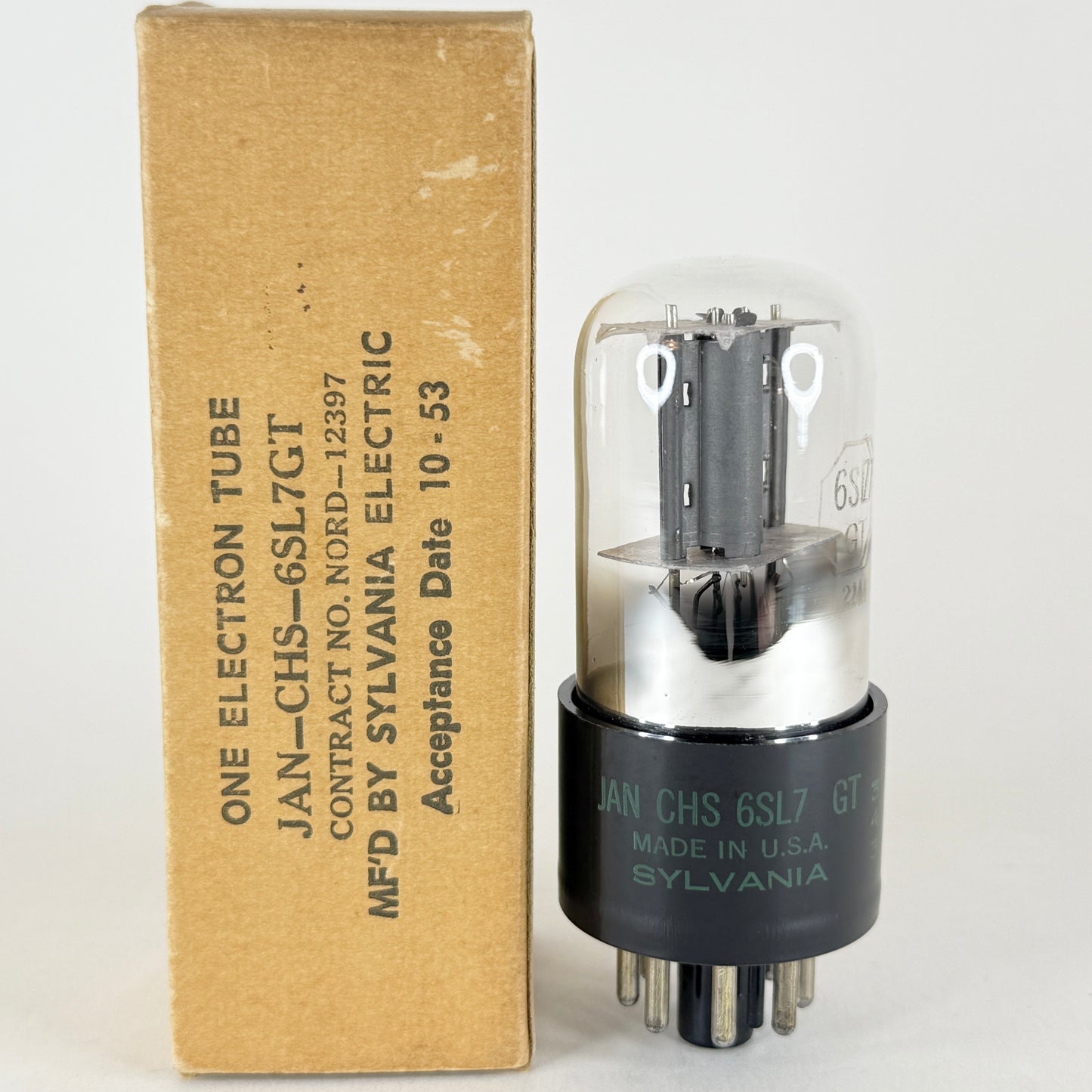 (1) Tested Balanced 1953 Sylvania JAN CHS 6SL7GT Tube & Box Code 343 Gray Plates