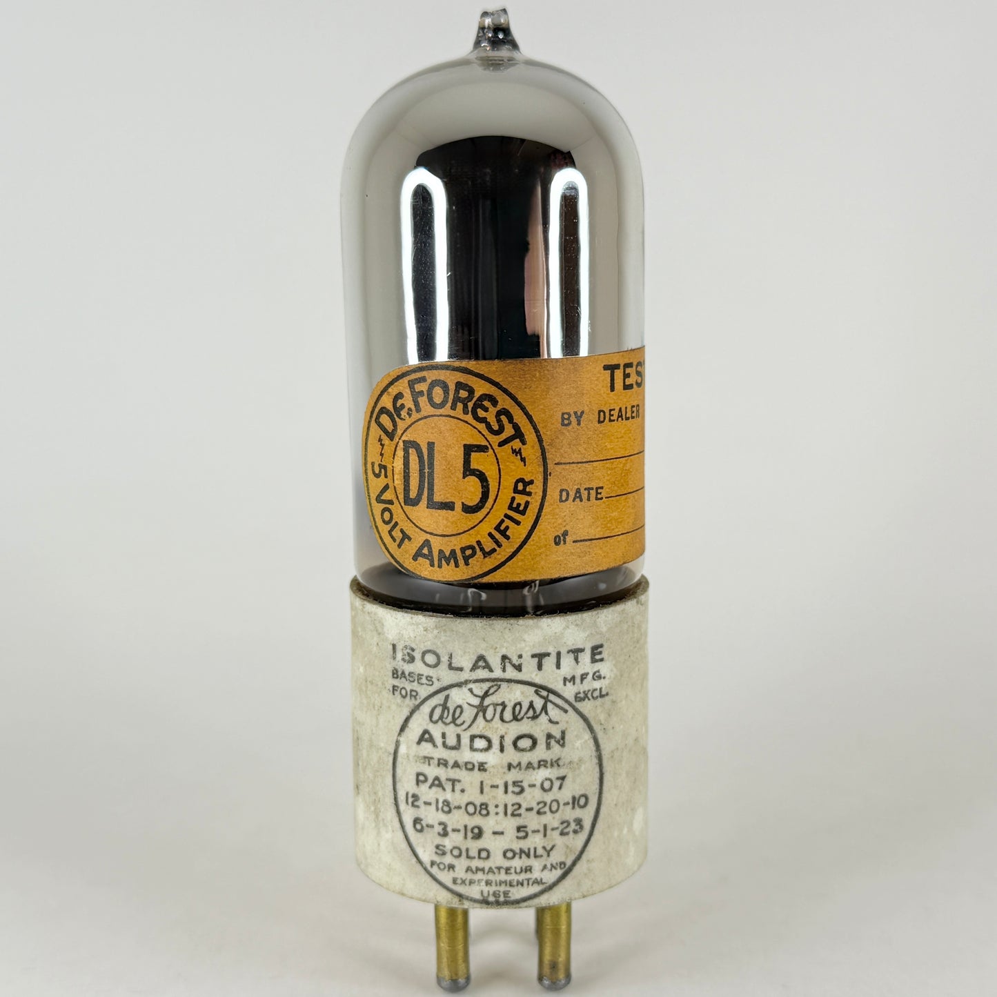 (1) Tested DeForest DL5 Tube Tipped Glass Audion Triode UX Base Brass Pins