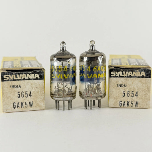 Tested Pair of Sylvania 5654 6AK5W Tubes with Boxes Codes BH Made in India (a)