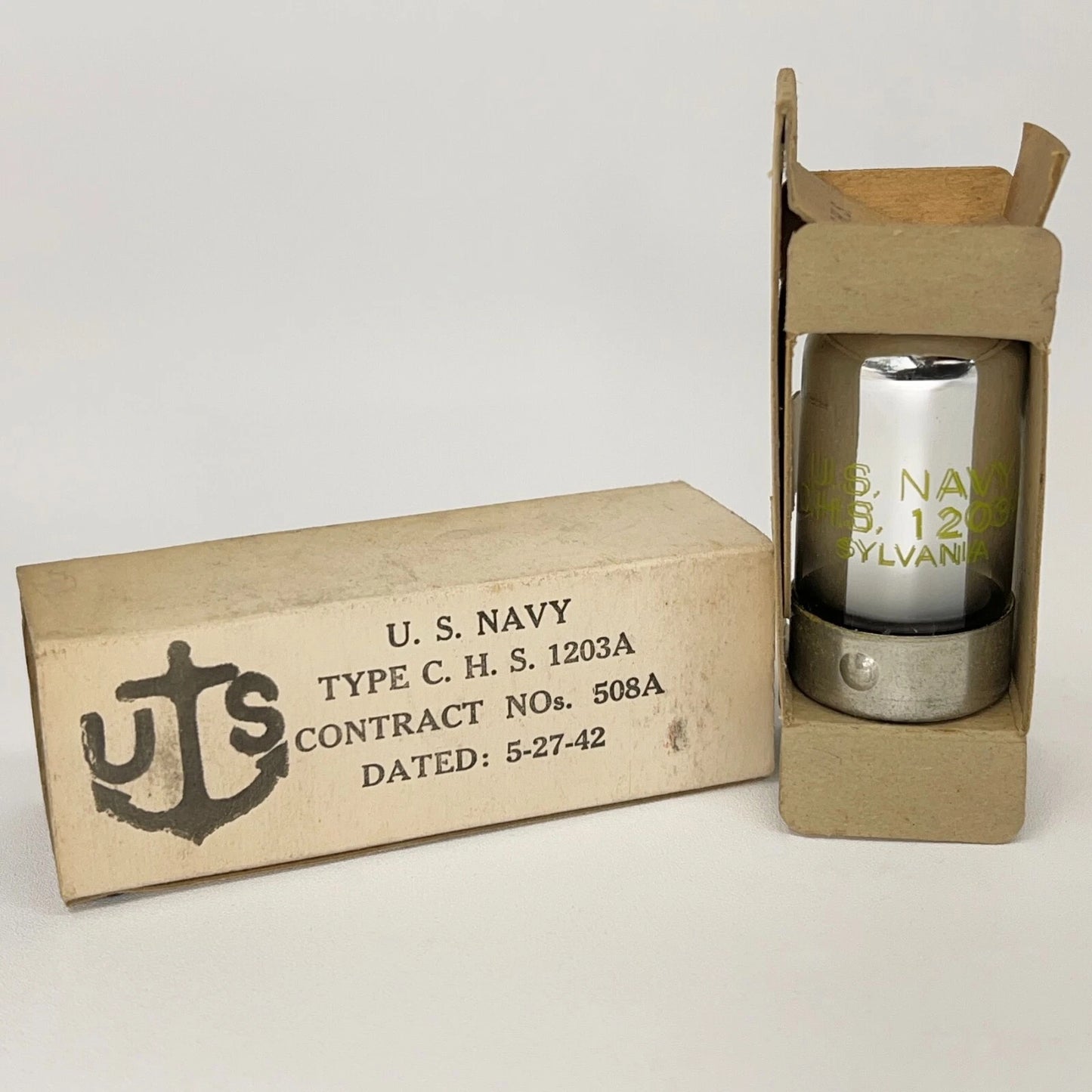 (1) Tested 1942 U.S. Navy Sylvania CHS 1203A Tube with Box 1203 A Loctal Tube