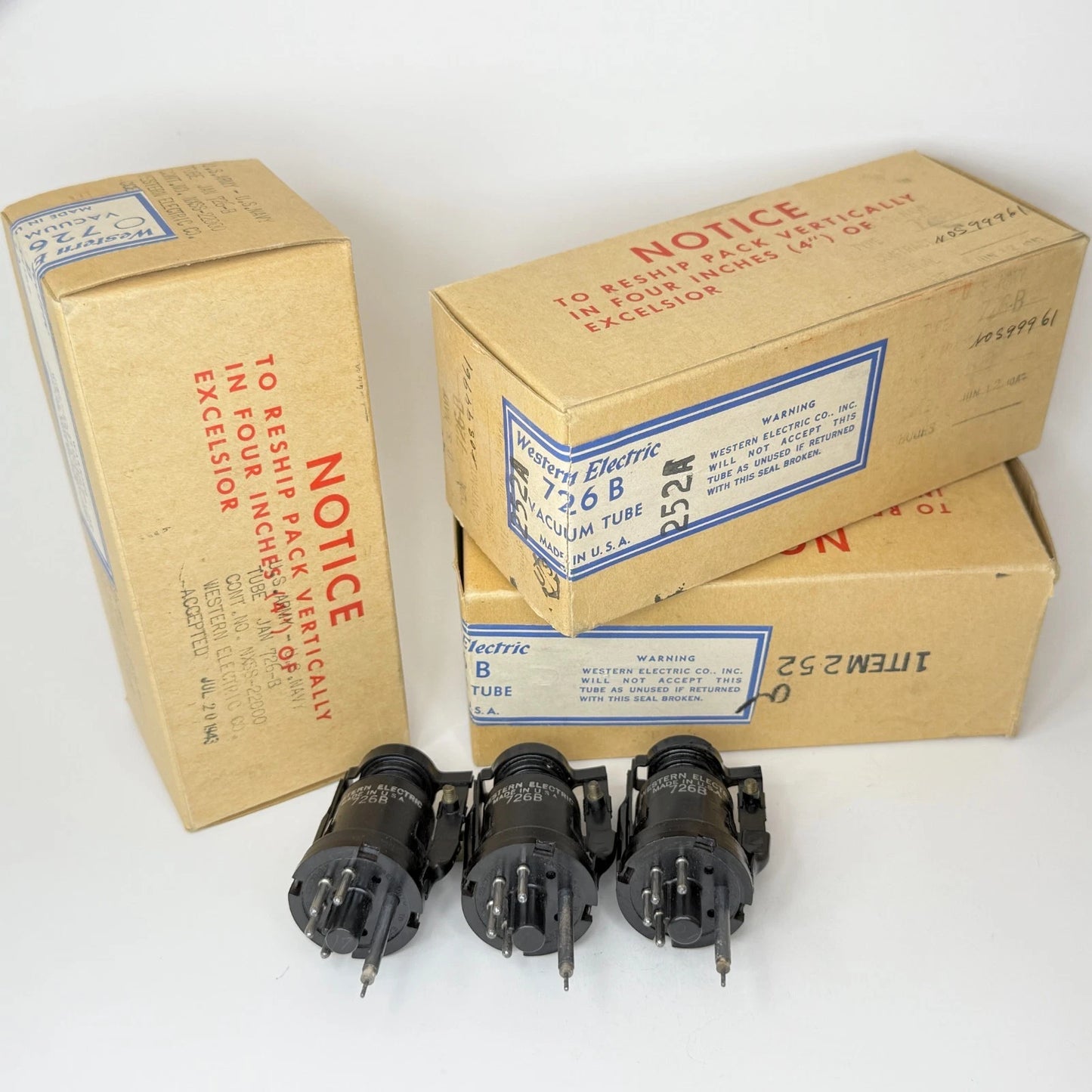 Lot of (3) 1943 Western Electric 726B Tubes and Boxes Tuned Oscillator Tubes