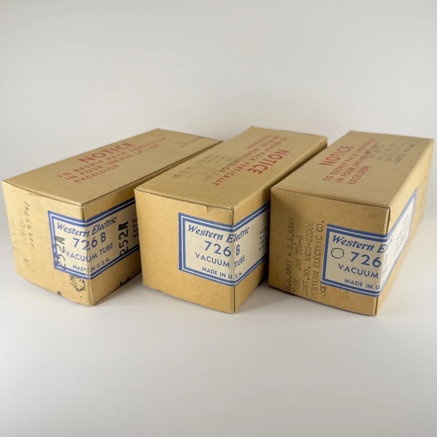 Lot of (3) 1943 Western Electric 726B Tubes and Boxes Tuned Oscillator Tubes