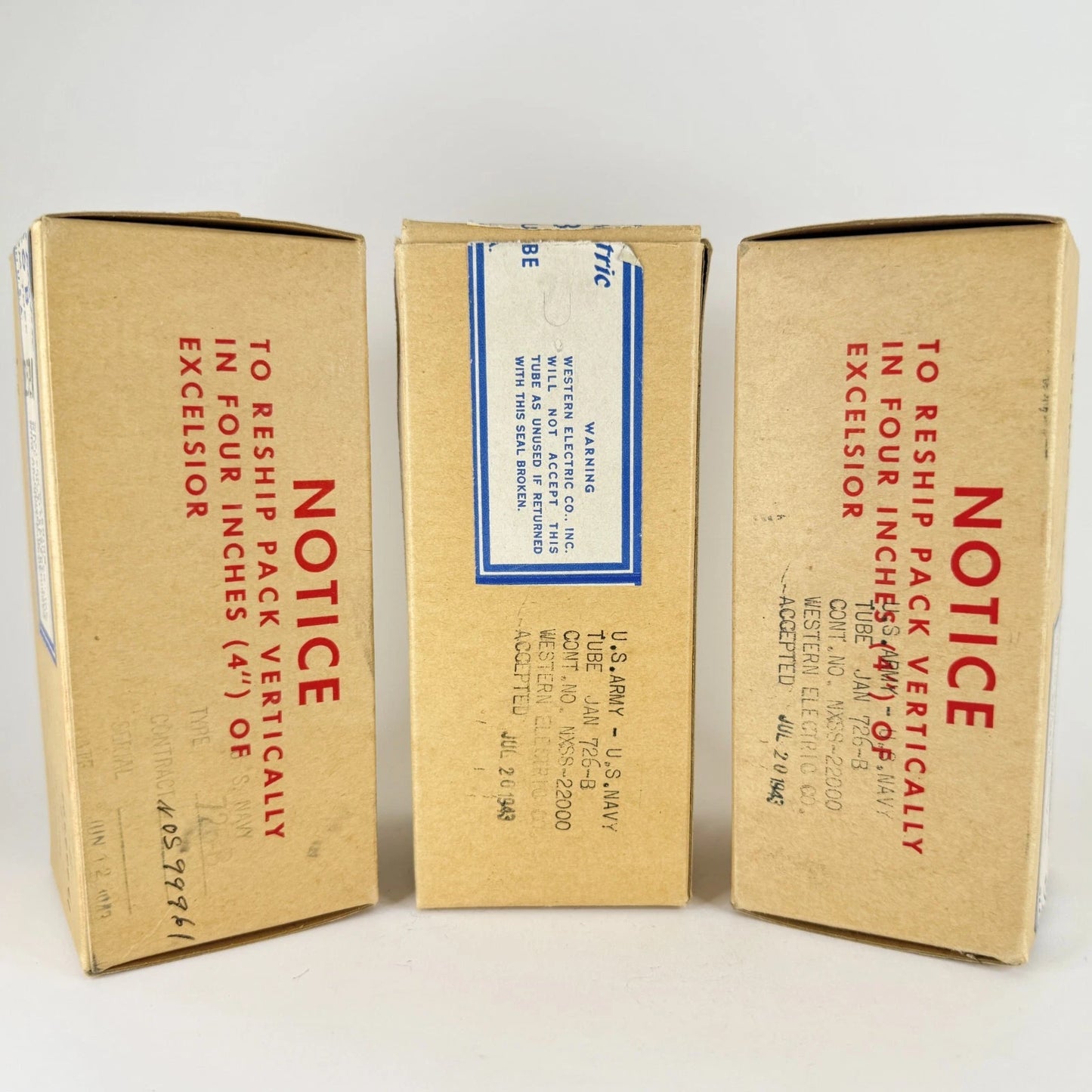 Lot of (3) 1943 Western Electric 726B Tubes and Boxes Tuned Oscillator Tubes